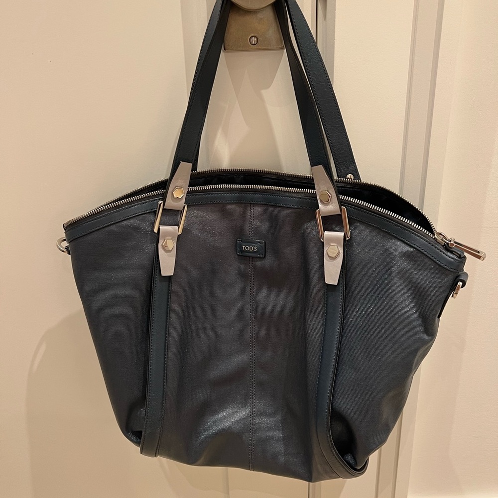 Tod’s Blue/Grey Coated Canvas and Leather Tote